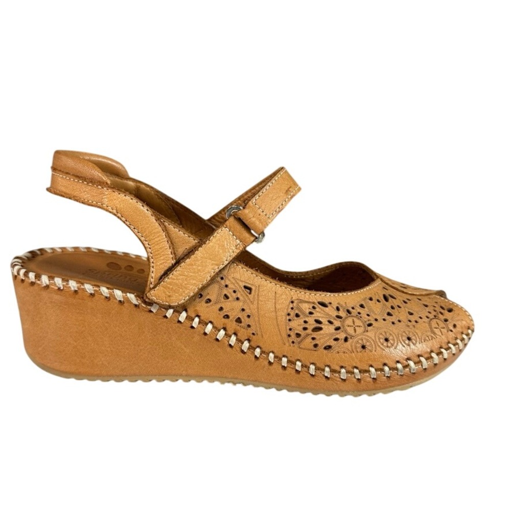 Spring Step Tan Leather Laser Cut Wedge Sandals Peep Toe Mary Jane EU 37